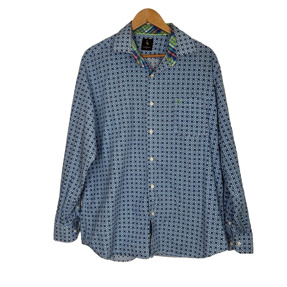Tailorbyrd‎ Mens Button Up Shirt Size XL Blue Graphic Plaid Cuff Eclectic
